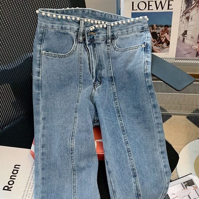 【送料無料】レディース パンツ デニム デニムパンツ スリット パール ライン 大人可愛い