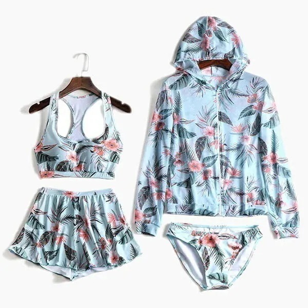 水着セット 上下 4 点セット ぽっちゃり レディース 大きいサイズ 4L パッド付き 総柄 ラッシュガード 日焼け止め 韓国デザイン