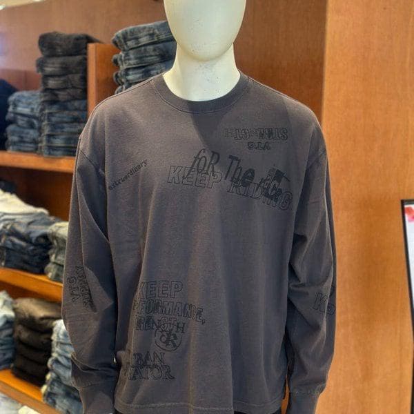 男性シングルヴィンテージレタリング長袖Tシャツ-DG