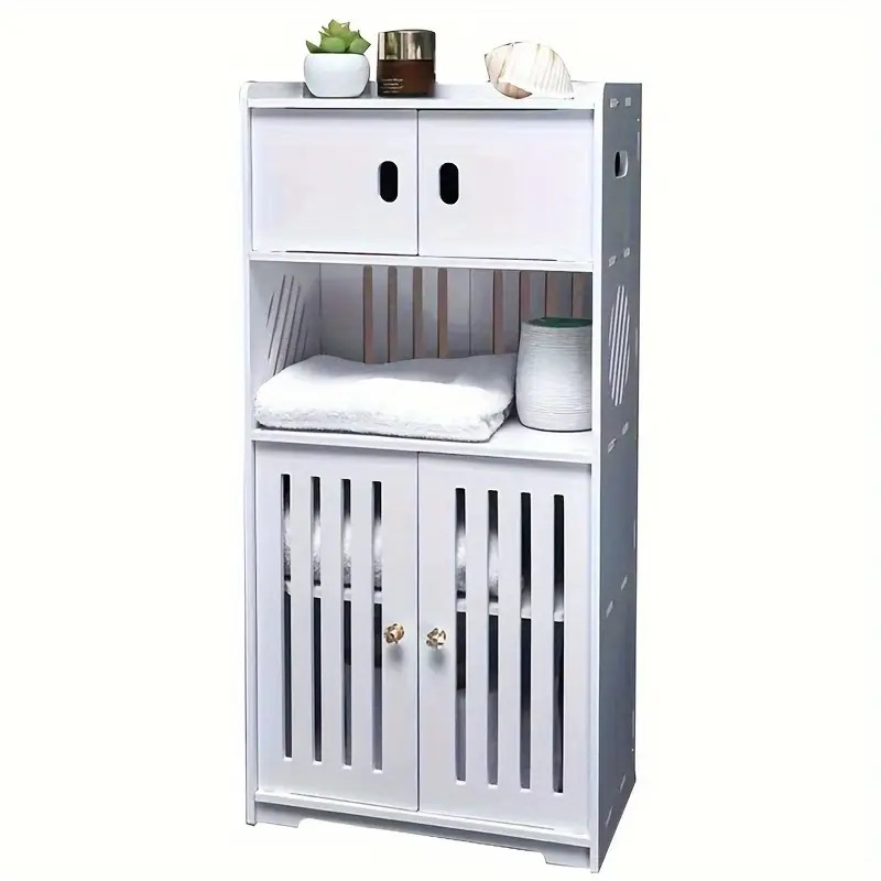 小型ホワイトプラスチックフロアキャビネット ドア付き - 自立式オーガナイザーバスルーム・リビング・廊下に省スペース設計簡単組み立て多機能収納ソリューションドレッサーシェルフ付き