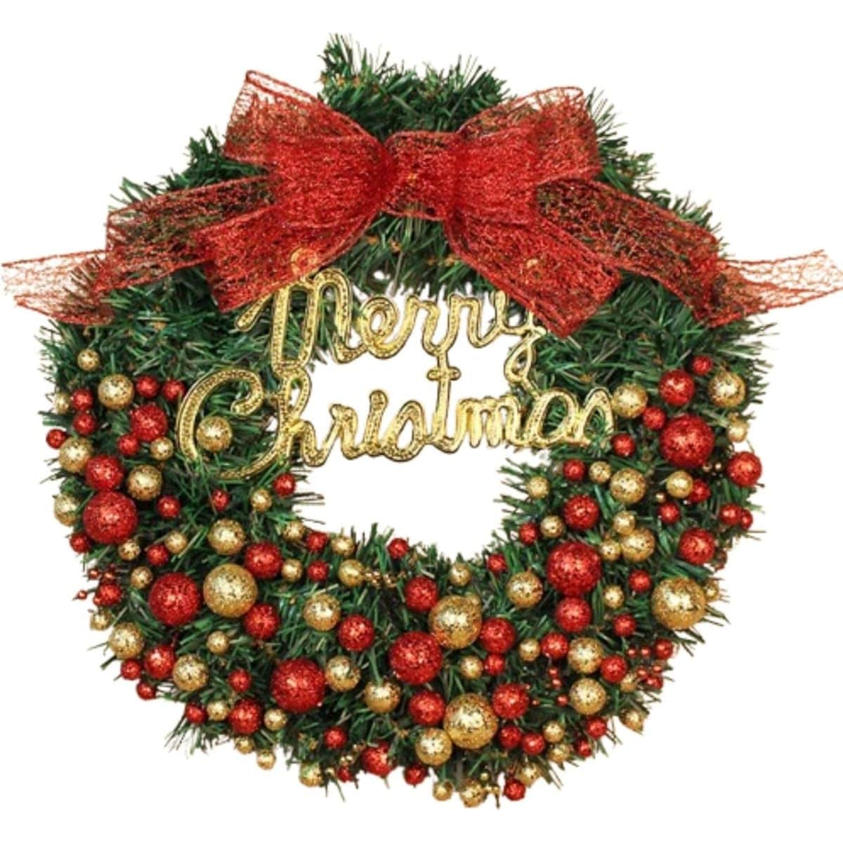 REENEW クリスマスリース 北欧風 玄関リース ドアチャーム 装飾 緑 贈り物 造花 リボン付 ボール 飾り Merry Christmas文字付 メリークリスマス 店舗 撮影 道具 クリスマスワ
