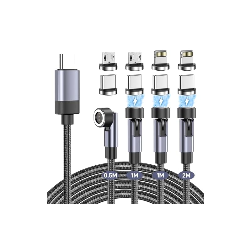 マグネット 充電ケーブル 急速 3in1 60W PD対応 7ピン 【4本セット0.5m+1m+1m+2m】 360+180回転可能 磁石 防塵 片手操作 タイプc じゅうでんケーブル PDケー