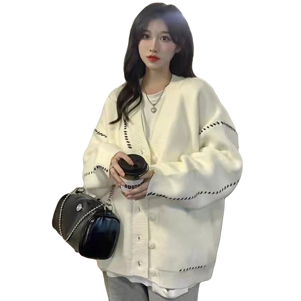 [最安値挑戦]！ゆったり ビッグサイズ 白 黒 ジャケット セーター ニット Vネック 秋冬 暖かい トップス アフター ニットセーター オーバーサイズ レディース カーディガン