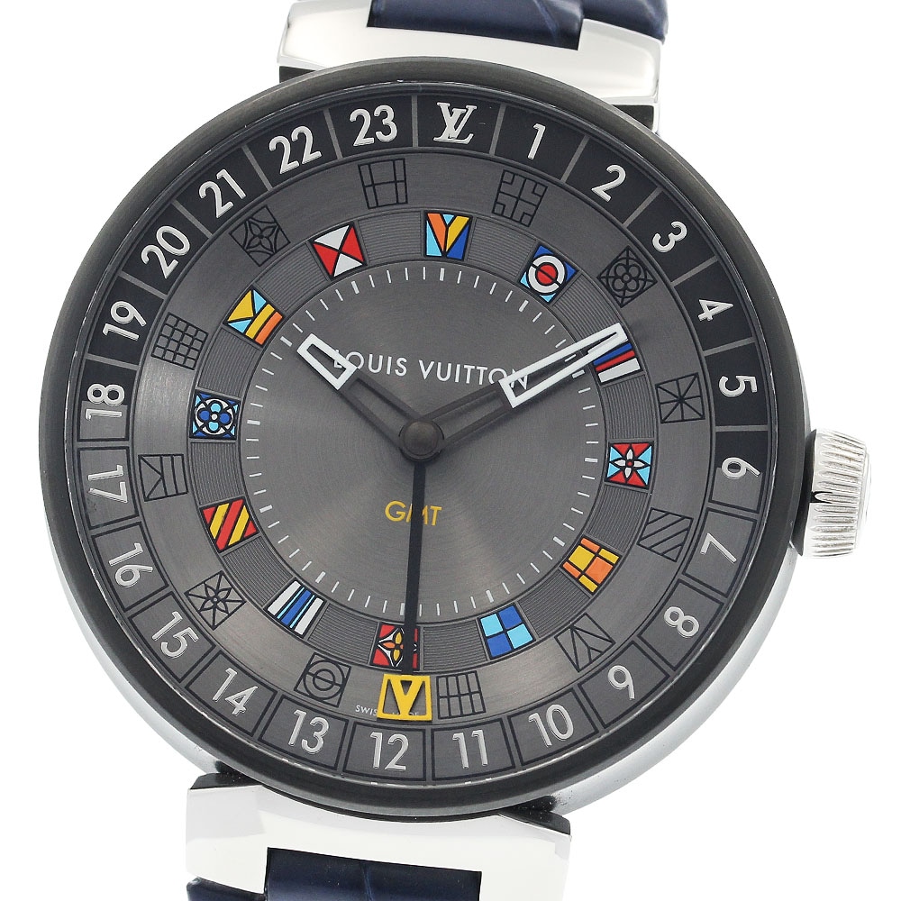 ルイ・ヴィトン LOUIS VUITTON QA097 タンブール ムーンデュアルタイム GMT クォーツ メンズ 美品 箱・保証書付き_936369【中古】