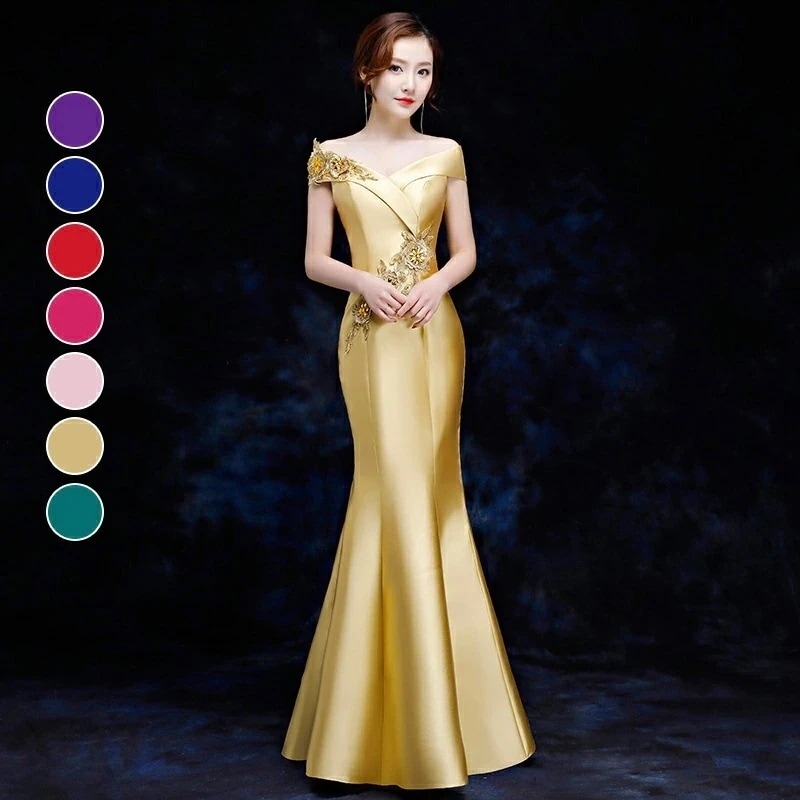 カラードレス ロングドレス マーメイドドレス オフショルダー ウェディングドレス 結婚式 二次会 花嫁 ゴールド レッド ロープピンク パープル ブルー グリーン ウエディングドレス 演奏会 発表会披