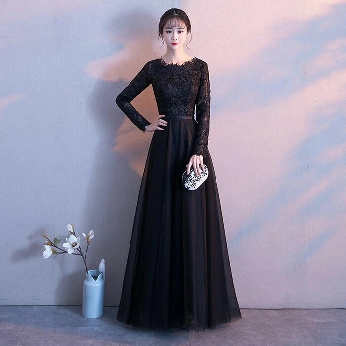 ウェディングドレス ウエディングドレス Aラインドレス パーティードレス カラードレス カクテルドレス 発表会ドレス 演奏会 ロングドレス フォーマル イブニングドレス 黒 ブラック 長袖 ロングスリ