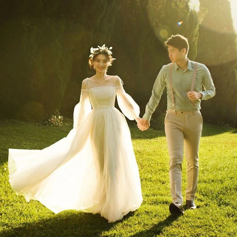 ウエディングドレス 袖あり 結婚式ドレス 白 二次会 安い エンパイア 花嫁 フォトウエディング ビ