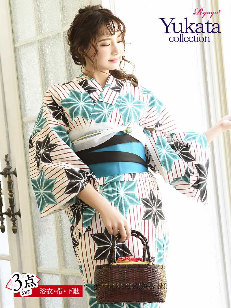 白 ストライプ レトロモダン おしゃれ 個性的 キャバ浴衣 麻の葉 セット 半巾帯 ターコイズ Ryuyu