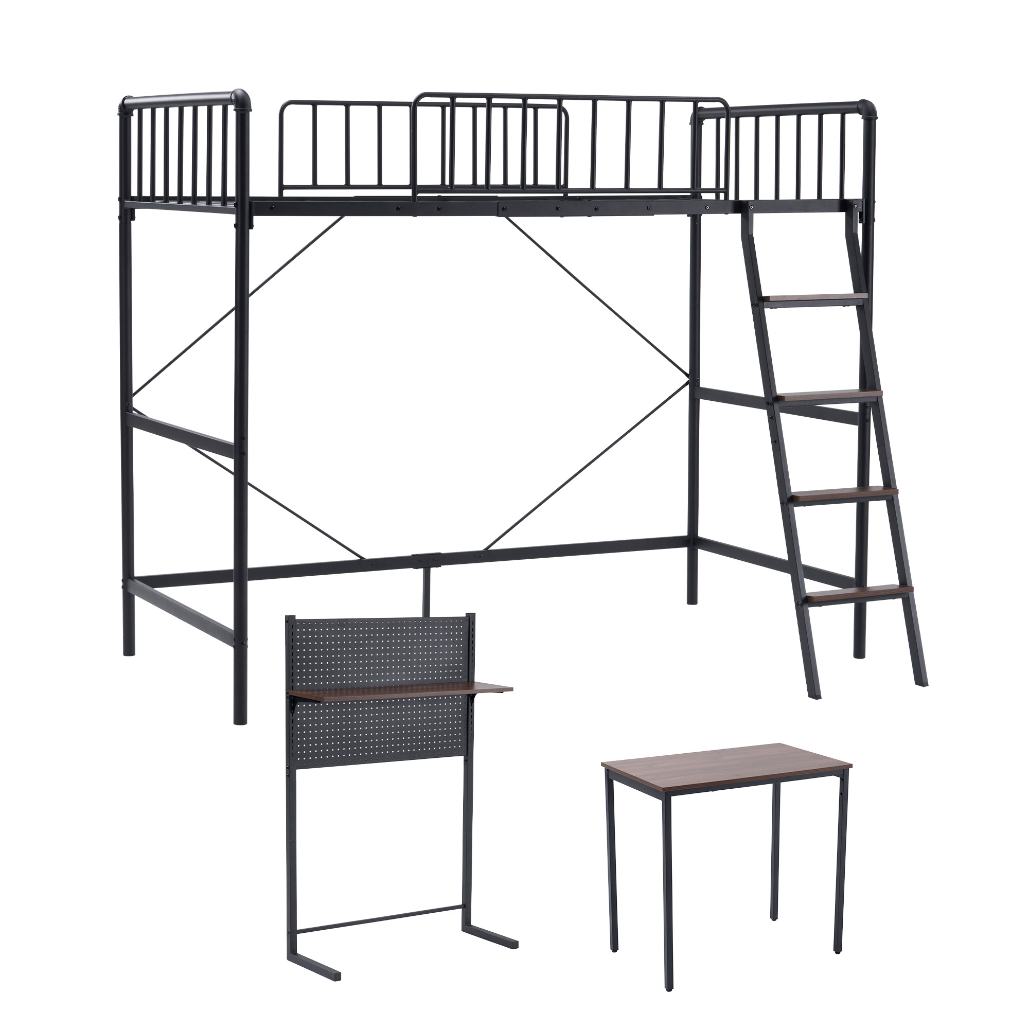 国内発送-送.料.無.料新品506【ブラック】システムベット ロフトベッド シングルパンチングボード 収納付き デスク付き 棚付き 北欧風 スチール 耐震