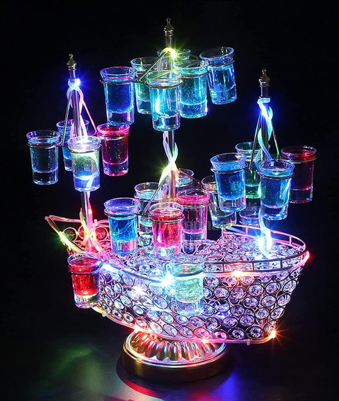 テキーラ観覧車 船型 LED酒ボトルの表示棚 24カップ バー ホテル LED酒棚の表示棚 LED酒グラス 収納ラック KTVナイトクラブに最適 パーティー パーティーの装飾品 ホテルの装飾品 金属