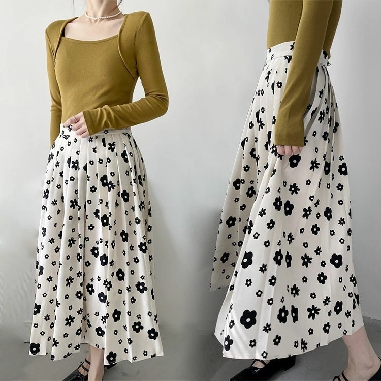 【即納】スカート プリーツスカート ロング丈 花柄 ウエストゴム おしゃれ レディース 春 夏 秋 大人 75cm ウエストゴム マキシスカート ロングスカート ミモレ丈 シンプル ガジュアル 普段着