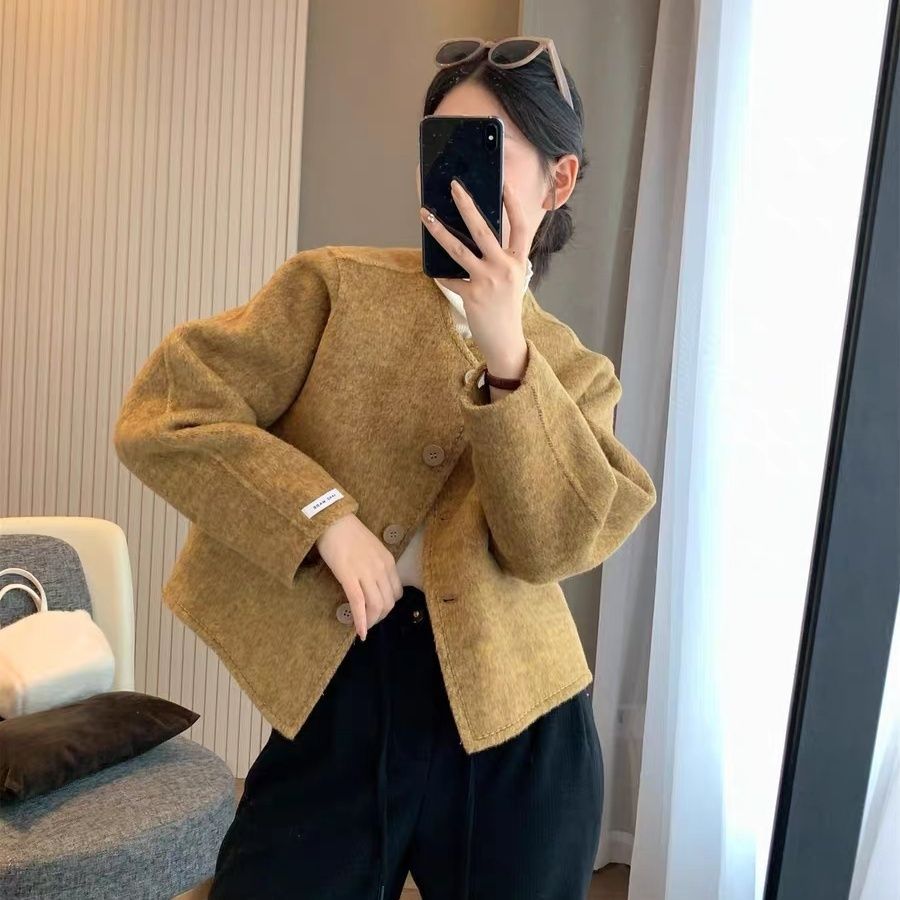 【2枚購入で 2oo円OFF!】 2025秋 新作 ダブルフェイス カシミヤ コート レディース ショート丈 無地 韓国スタイル 丸首 ウールコート コート レディース 冬