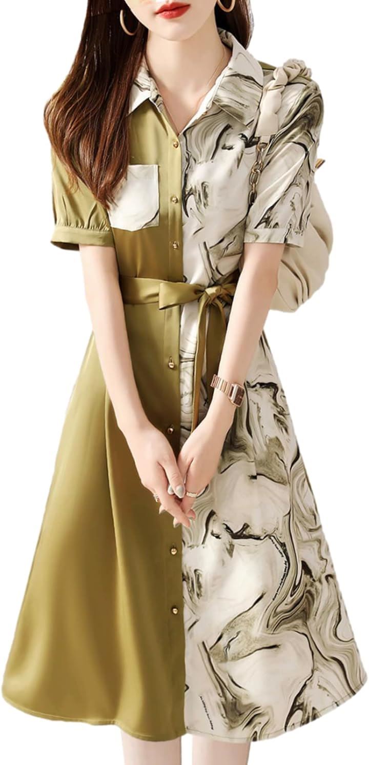 バイカラー ワンピース アシンメトリー 柄物 Aライン 膝下 丈 春 夏 秋 レディース( イエロー, M)