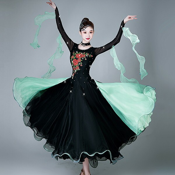 社交ダンス ドレス 競技用 社交ダンス衣装 ワンピース スタンダード ドレス キラキラ 社交ダンス 広がる 舞台 豪華 長袖 ワルツ 発表会 団体 パーティー デモ 黒 S M L XL 2XL 3X