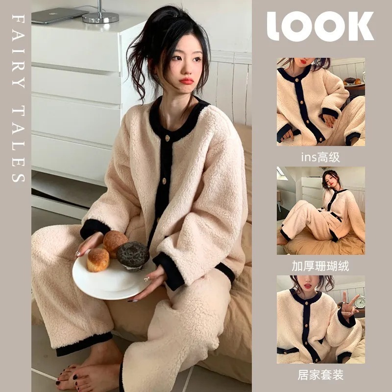 秋冬レディースフランネルパジャマ長袖厚みのある暖かいコーラルベルベットビスケットベアかわいいホーム服セット