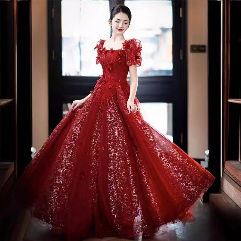 【2枚購入で 3oo円OFF！】バーガンディウェア花嫁気質スパンコール結婚式婚約ドレスホストドレス