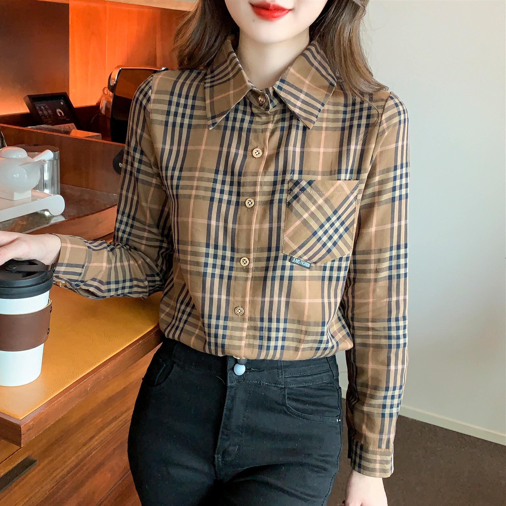 シャツ ブラウス 長袖 角襟 かわいい 大人可愛い きれいめ シンプル カジュアル おしゃれ チェック タータンチェック 春 秋 冬 デート お出かけ 学生 韓国 モテ L XL 2XL