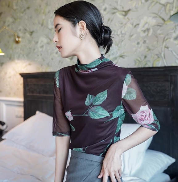 レディース トップス カットソー プルオーバー 5分袖 長袖 ハイネック タイト スリム 細身 フェミニン 透け感 シースルー 薄手 大人可愛い 上品 おしゃれ レトロ アジアン ガーリー 個性的