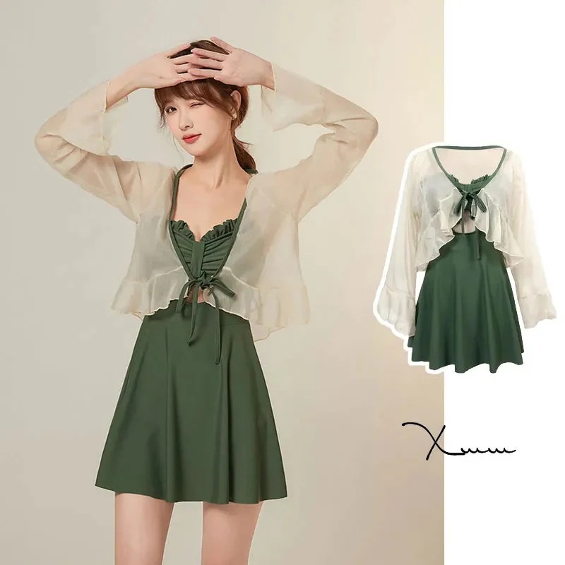 2色 水着セット ショート丈 ラッシュガード 長袖 トップス + キャミソール 膝上 ウエストマーク ワンピース水着 着痩せ 体型カバー 日焼け対策 レディース ガールズ 温泉水着 ビーチ