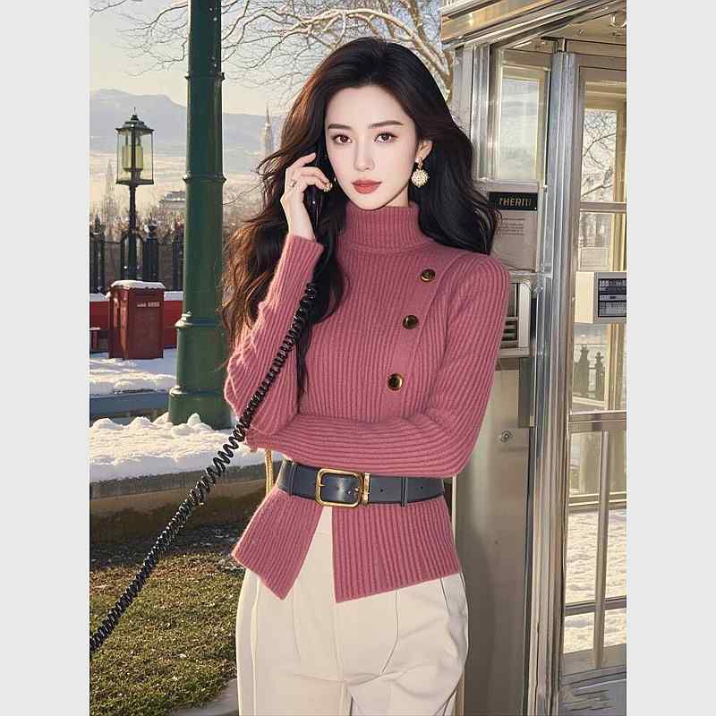 秋服 レディース ファッション オシャレ カワイイ シンプル 大人カワイイ 大きいサイズ ニット セーター トップス ウエスト絞り ピンク タートルネック セーター