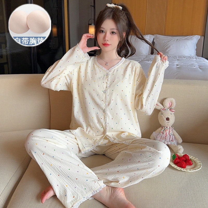 カラー春秋用純綿ガーゼパジャマレディース長袖胸パッド付きスイートサマースーツ