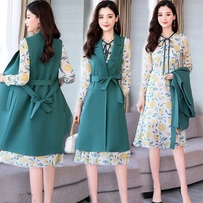 2点セットレディースセットアップワンピース膝丈ワンピース長袖シフォン花柄トップスカ