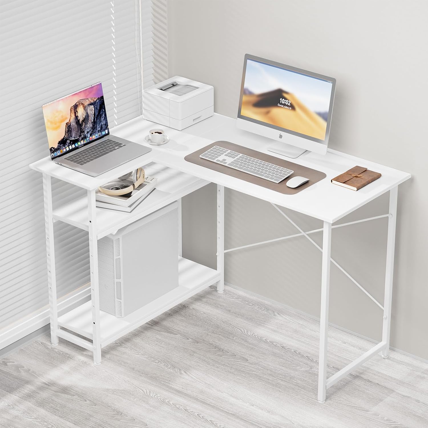 MIYOKI L字デスク パソコン デスク 幅110×奥行48×高さ75cm 左右入替え可能 l字型 コーナー ゲーミング 収納ラック付き 棚板高さ調節可 テレワーク 在宅勤務 学習机 省スペース