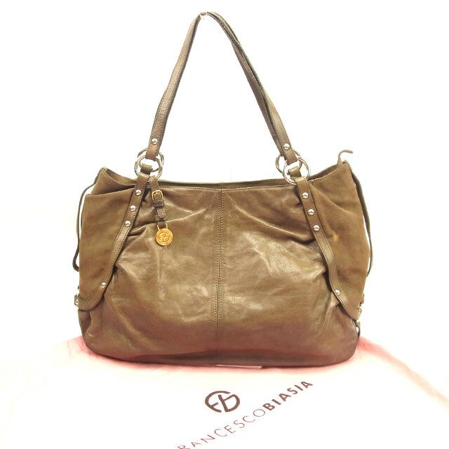 トートバッグ ショルダーバッグ スタッズ カーキブラウン シルバー系 中古
