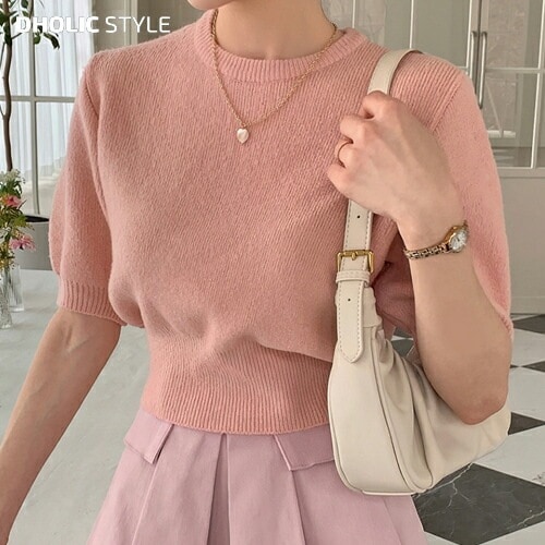 セミクロップドパフ半袖ニット・p510708