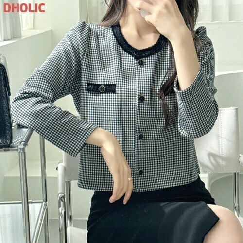 ラウンドネッククロップドフェイクポケット配色ギンガムチェックカーディガン・1937327