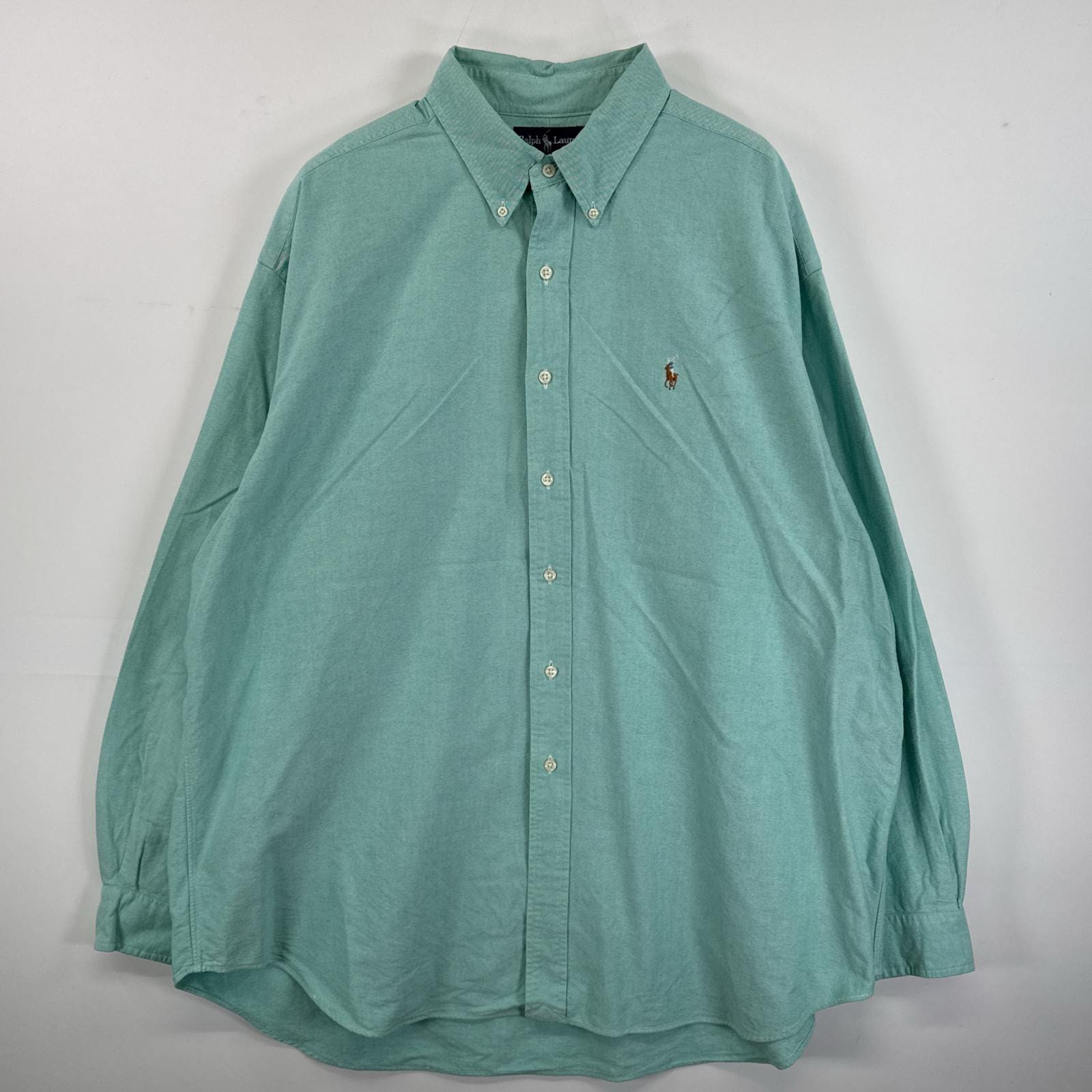 古着 長袖シャツ ボタンダウンシャツ ワンポイント 刺繍 大きいサイズ XXL グリーン系 無地 メンズ