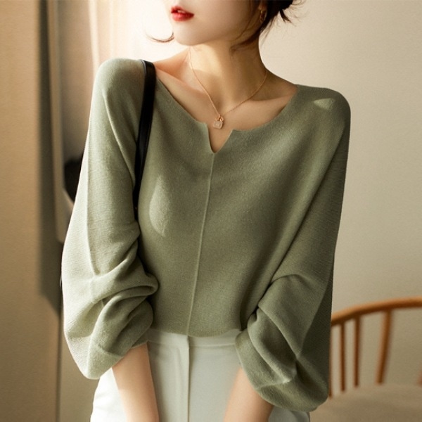 【上品なシルエット】 シンプル Vネック コクーンスリーブ 無地 プルオーバー ニットセーター