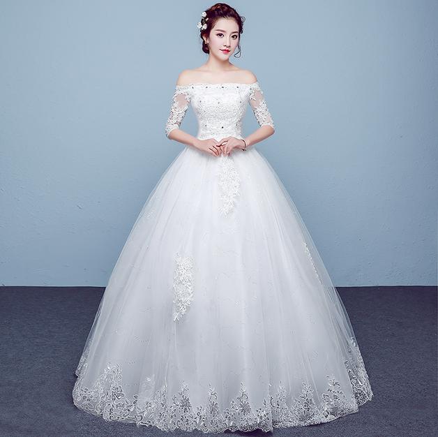 ロングウェディングドレス　袖あり華やかなプリンセスラインドレス姫系ドレス　花嫁ブライド【結婚式】【二次会】【パーティー】【披露宴】 【謝恩会】【演奏会】司会演出前撮りドレス　ベールパニエグローブカバー
