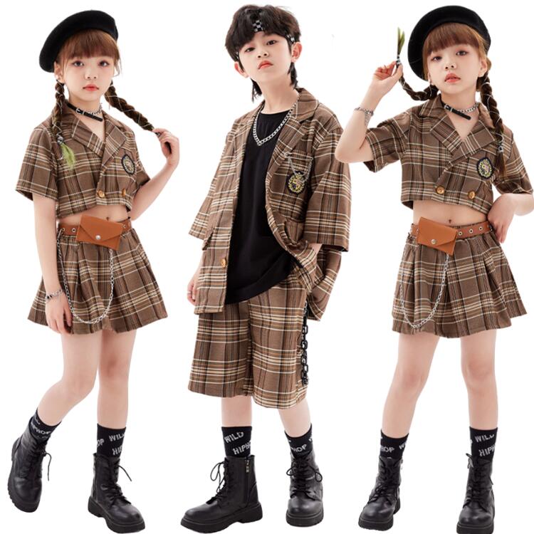 女の子 茶色 ステージ衣装 ヒップホップ ダンス衣装 子供スーツ スカート スーツ HIPHOP セットアップ 子供 【tiaixuu】新品キッズダンス衣装 男の子 チェック柄 k-pop ショーツ