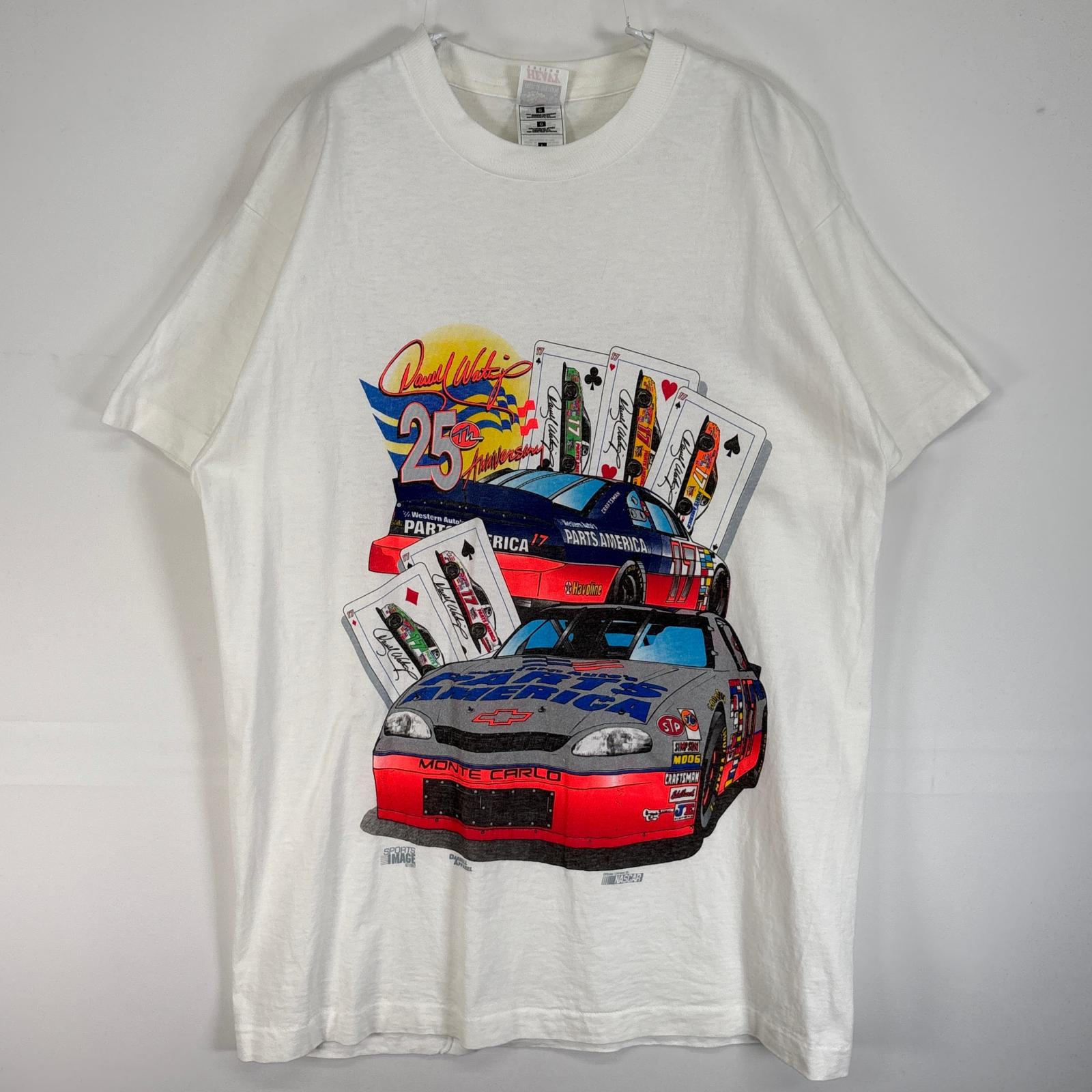 古着 90s/90年代 ナスカー NASCAR 半袖Tシャツ モーターカルチャー レーシング トランプ シングルステッチ USA製 肉厚 L ホワイト 両面プリント メンズ