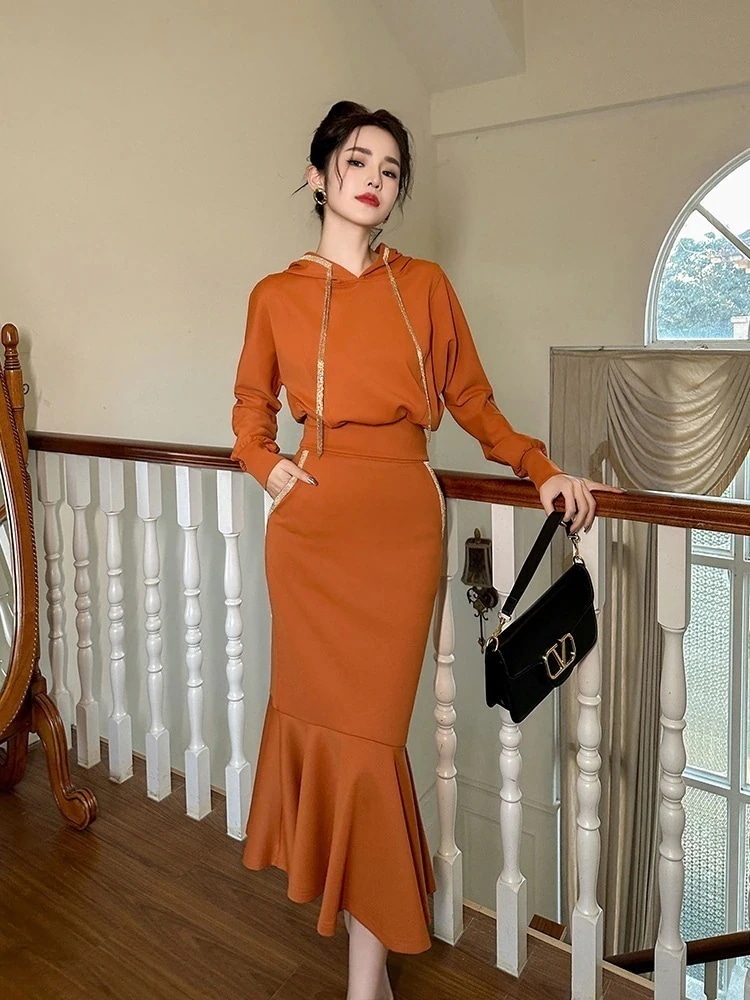 【JY.上品】 パーカーワンピース 秋冬 上下セット マーメイド フード付き パーティードレス キャバ 着痩せ 大人 お呼ばれ 同窓会 披露宴 卒業式 結婚式 ウェディング 二次会