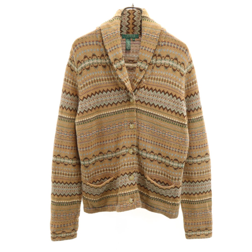 ローレンラルフローレン フェアアイル柄 長袖 ショールカラー ニットカーディガン L ブラウン LAUREN RALPH LAUREN レディース