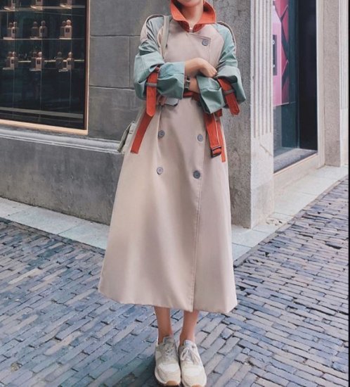 【取寄：納期2週間】トレンチコート ロング丈 バイカラー ステンカラーコート スプリングコート 春秋 アウター ロングコート 羽織 切替 ベイクドカラー 個性的 エレガント 上品 カジュアル きれいめ