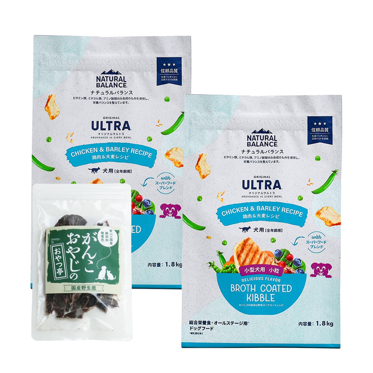 オリジナルウルトラ 犬用 全年齢用 鶏肉&大麦 小粒1.8kg×2袋【国産鹿肉ジャーキー付き(お試しサイズ)】