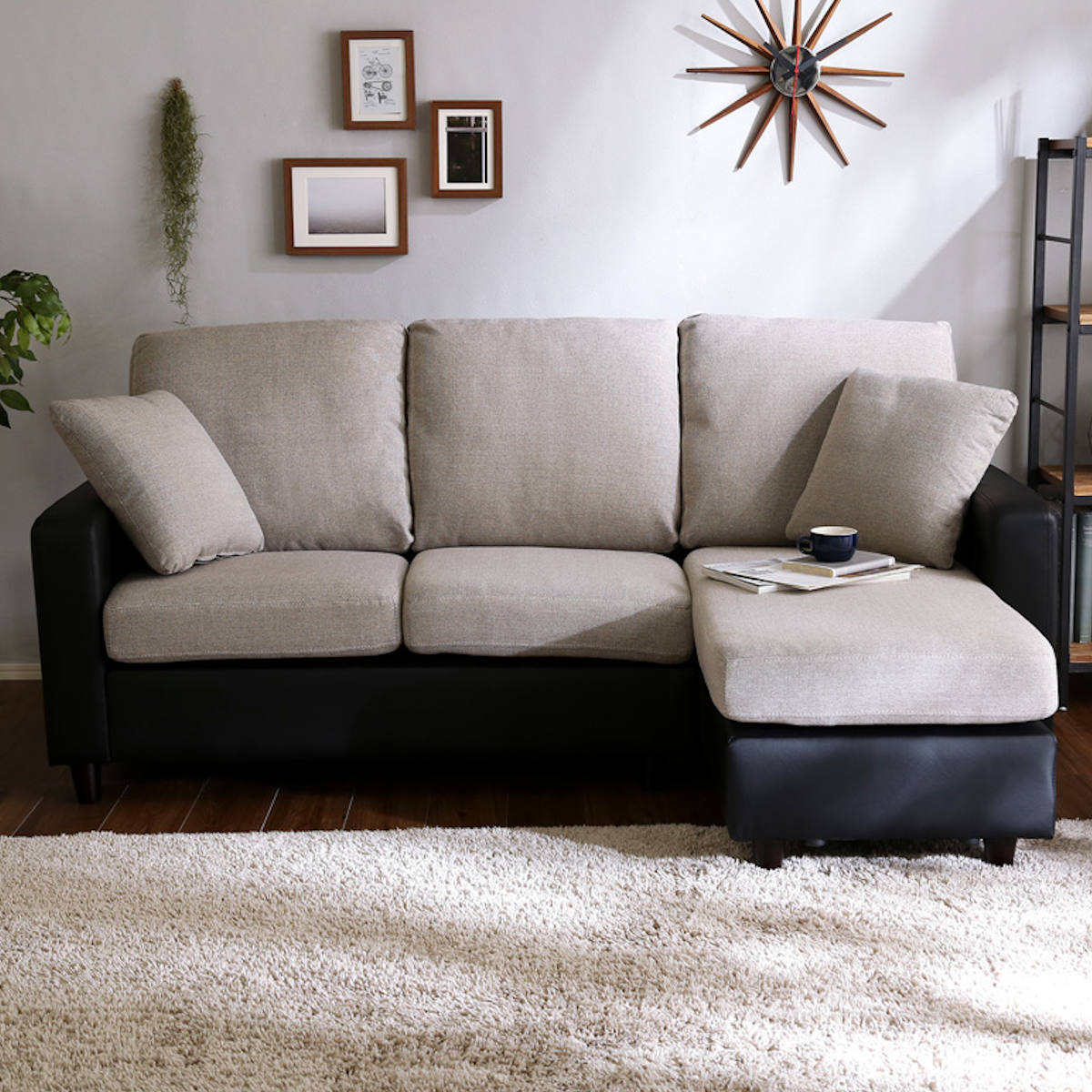 ソファ 3人掛け 幅176cm ローソファ 脚取り外し可能 PVC ファブリック ブラック ベージュ L字 カウチ ソファー スツール オットマン レイアウト 自由 クッション 異素材