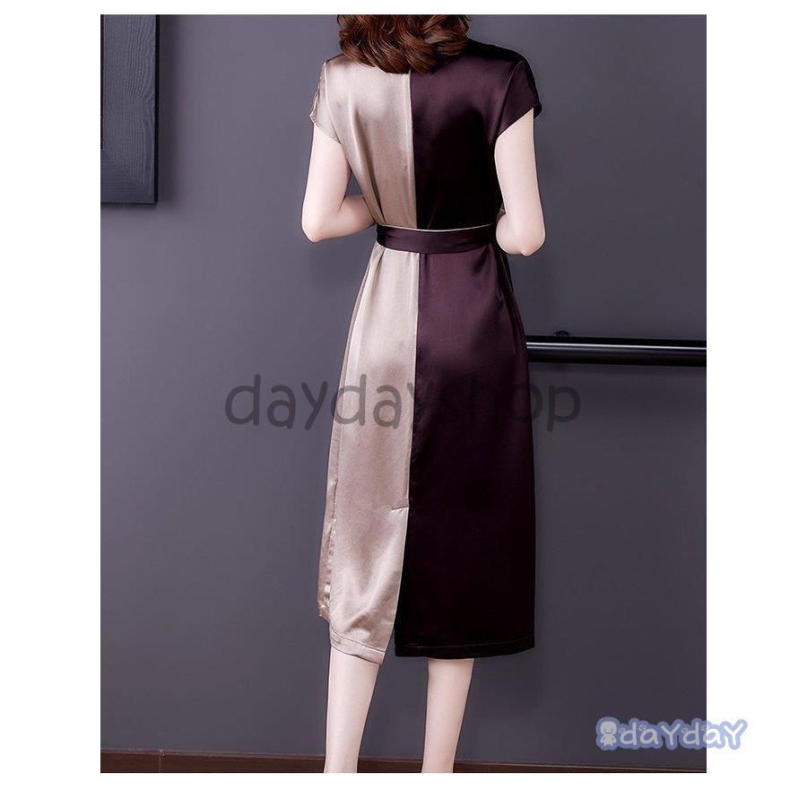 ワンピース 半袖 クルーネック ウエストリボン 光沢 セレブコーデ きれいめ ディナー お出かけ お出かけファッション ピアノ 二次会