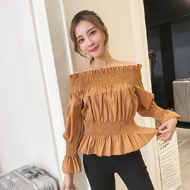 2260.フリルオフショルダーブラウス(ブラウン) 2019 春夏 新作 大人 かわいい カジュアル OL 20代 30代 デート服 女子会