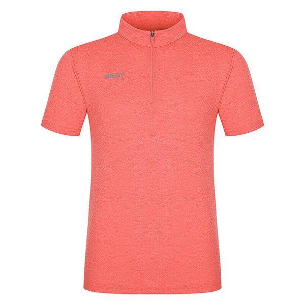 男性用夏のアウトドア機能性メッシュ素材クールストライプジップアップ半袖Tシャツ チェリーピンク_CC