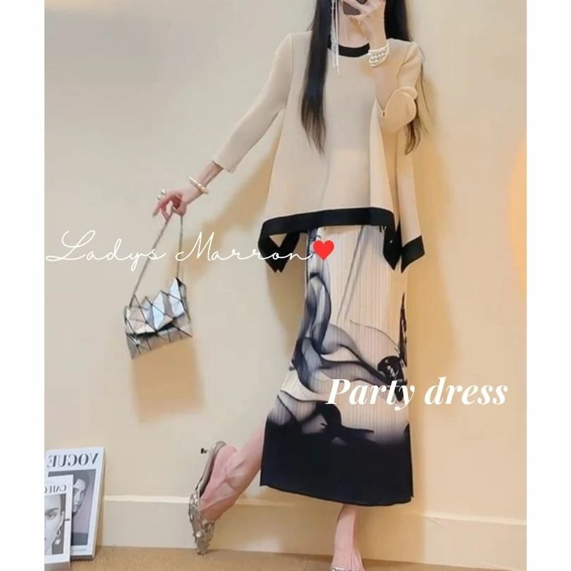 2点購入で200円割引15日間のみ セットセットアップ ツーピース 上下セット 2点セット 蝶 バタフライ ラウンドネック 春 秋 長袖 ロング丈 可愛い ブラウス ゆったり フレア ロングスカート