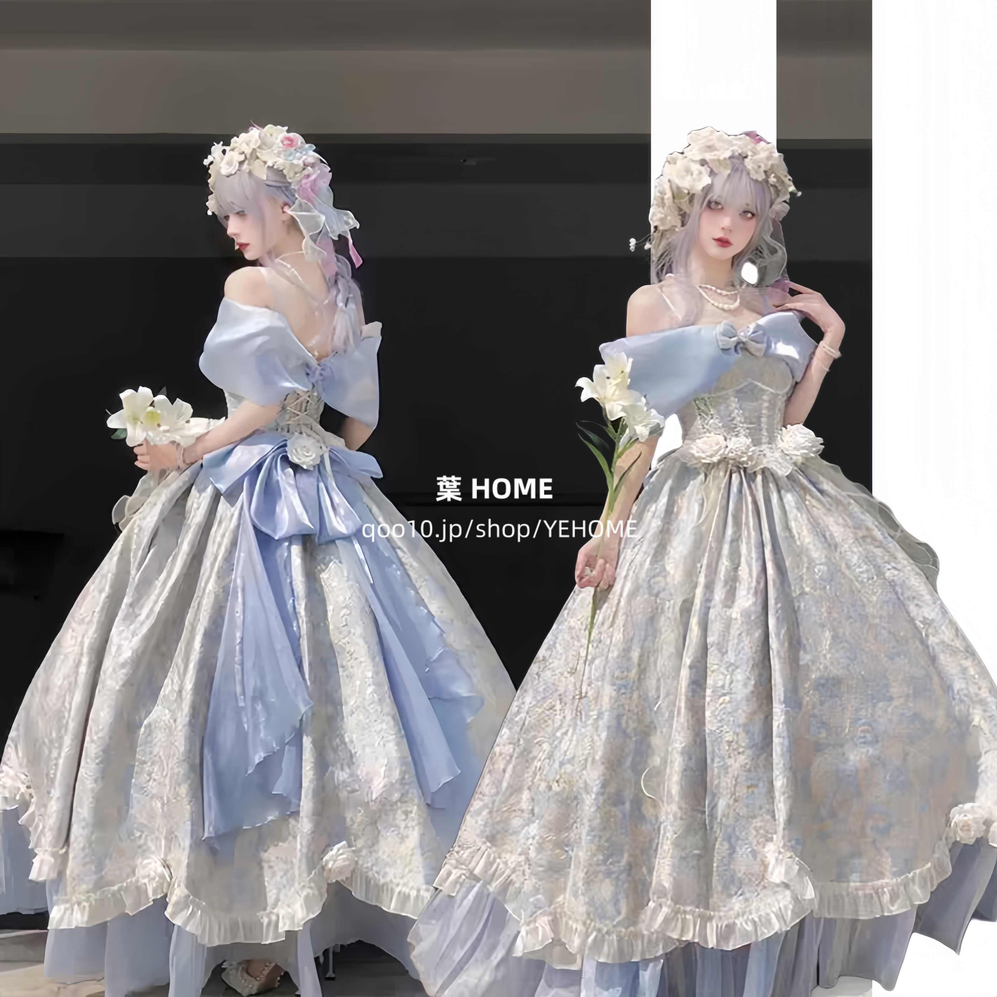 [葉 HOME] ロリータ ロングスカート ドレス ポンポンスカート 演奏会 二次会 エレガンス ショート丈ドレス 成人式 姫系 発表会 撮影用 お嫁さん 披露宴 花嫁