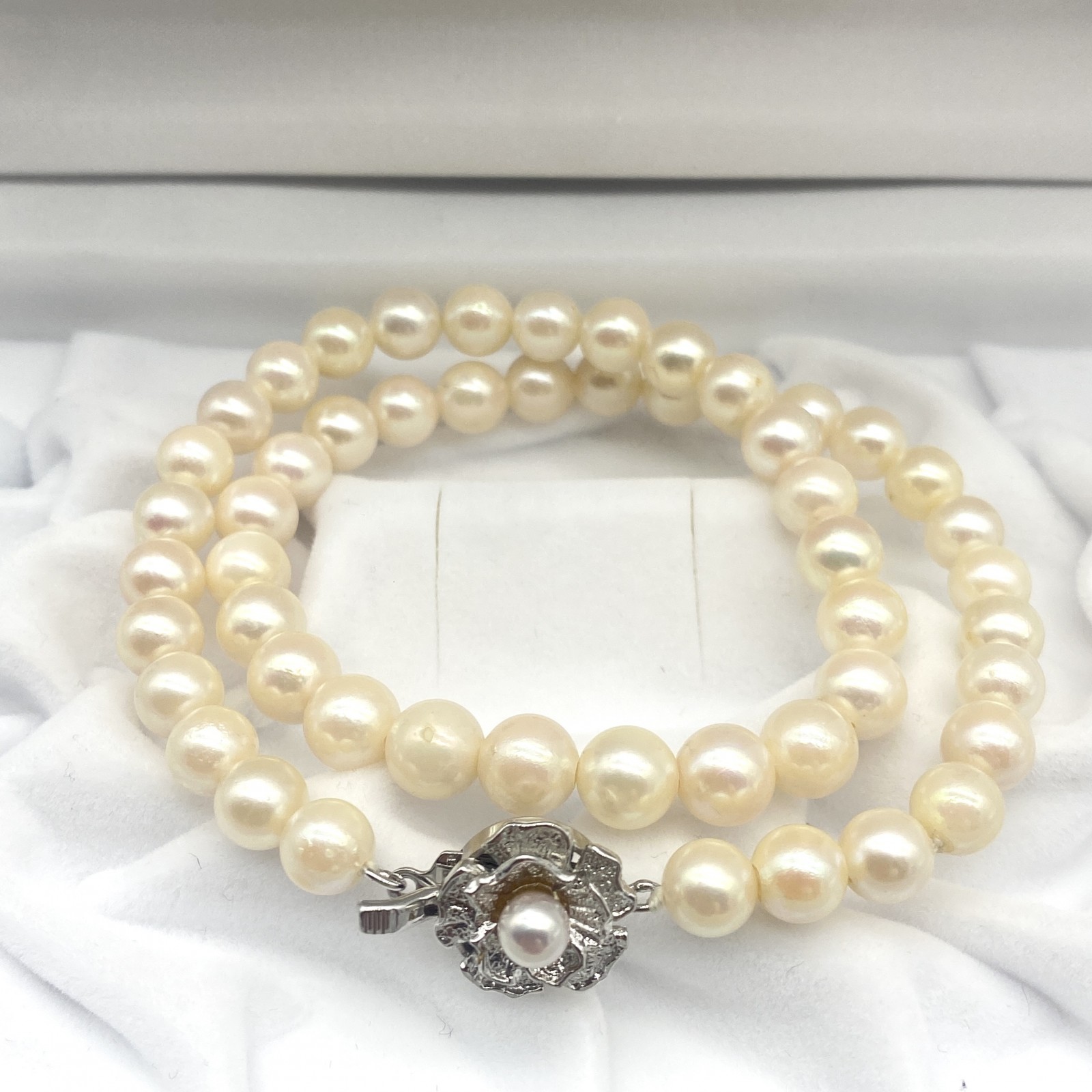 美品 照り強 アコヤ真珠 あこや ネックレス パール Pearl 本真珠 ジュエリー Jewelry テリ てり ピンクベージュ 約38cm / 約7.0mm-8.0mm / 32.6g シルバー金具