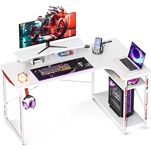 幅130cm L字型ゲーミングデスク コンセント・ラック付き カーボン調ホワイト