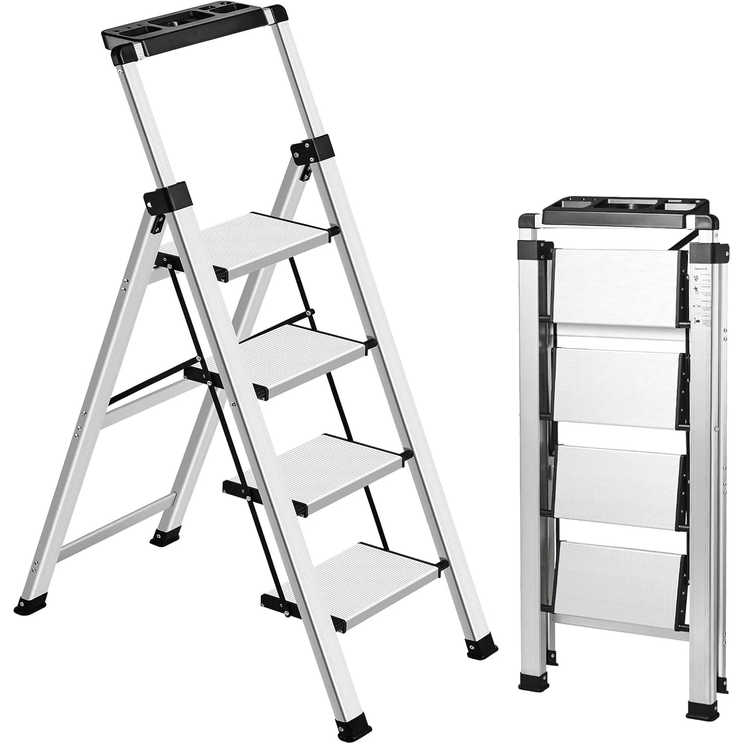 脚立 4段 おしゃれ 踏み台 折りたたみ アルミ ふみだい 軽量 コンパクト はしご 耐荷重150KG トレー付き 洗車 室内 引っ越し 大掃除 (シルバー, 4段)