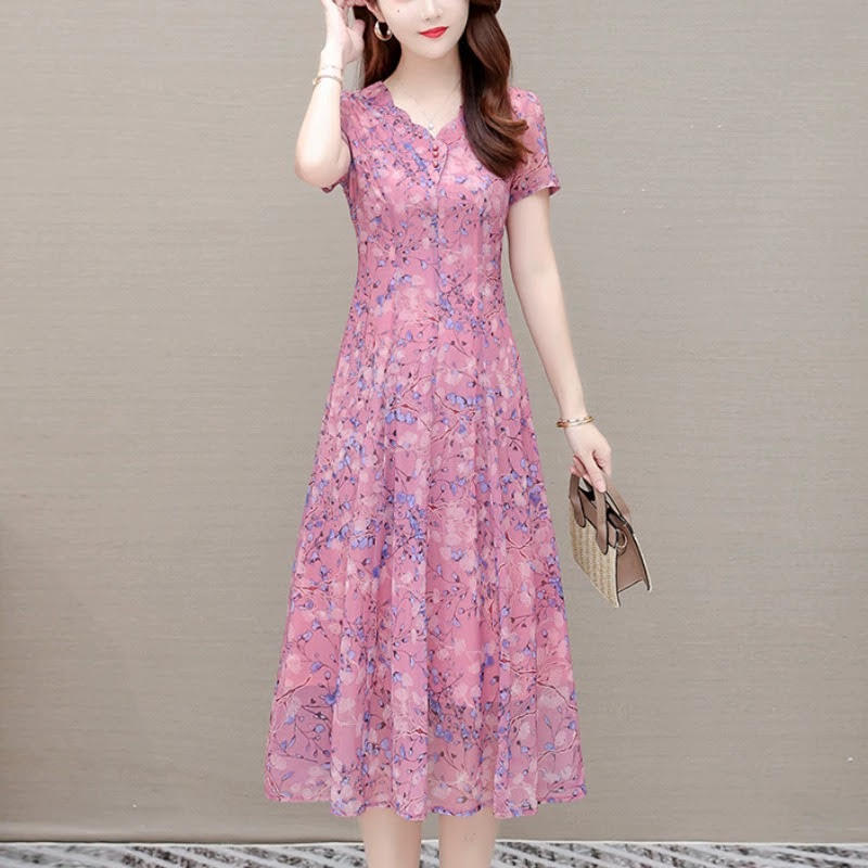 レディース ワンピース ミモレ 半袖 Vネック スリム 細身 Aライン フェミニン ウエストマーク ハイウエスト ボタン かわいい 大人可愛い きれいめ カジュアル 上品 おしゃれ レトロ こなれ感