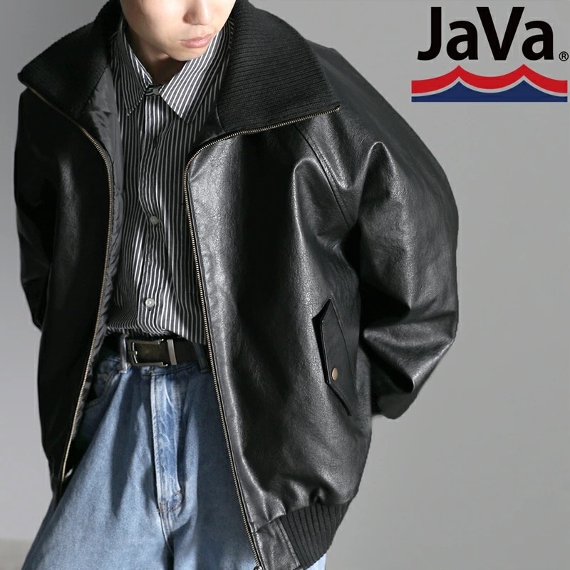 javaジャバコラボ アウター ブルゾン メンズ ヴィンテージライク リブ タートル フェイクレザー ジャケット 古着風 男女兼用 ユニセックス レディース ゆるっと オーバーサイズ 大きいサイズ